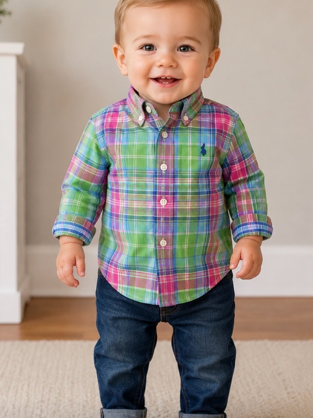 Ralph Lauren Plaid Button-Down Shirt in Green & Pink Size 18 Months